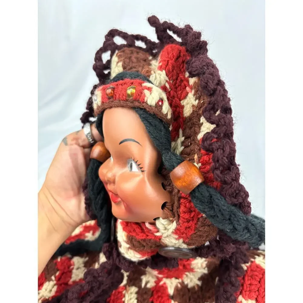 VTG Set of 2 Rubber Doll Face Crochet Pot Holder Brown‎ & Red Wall Decor 1970s